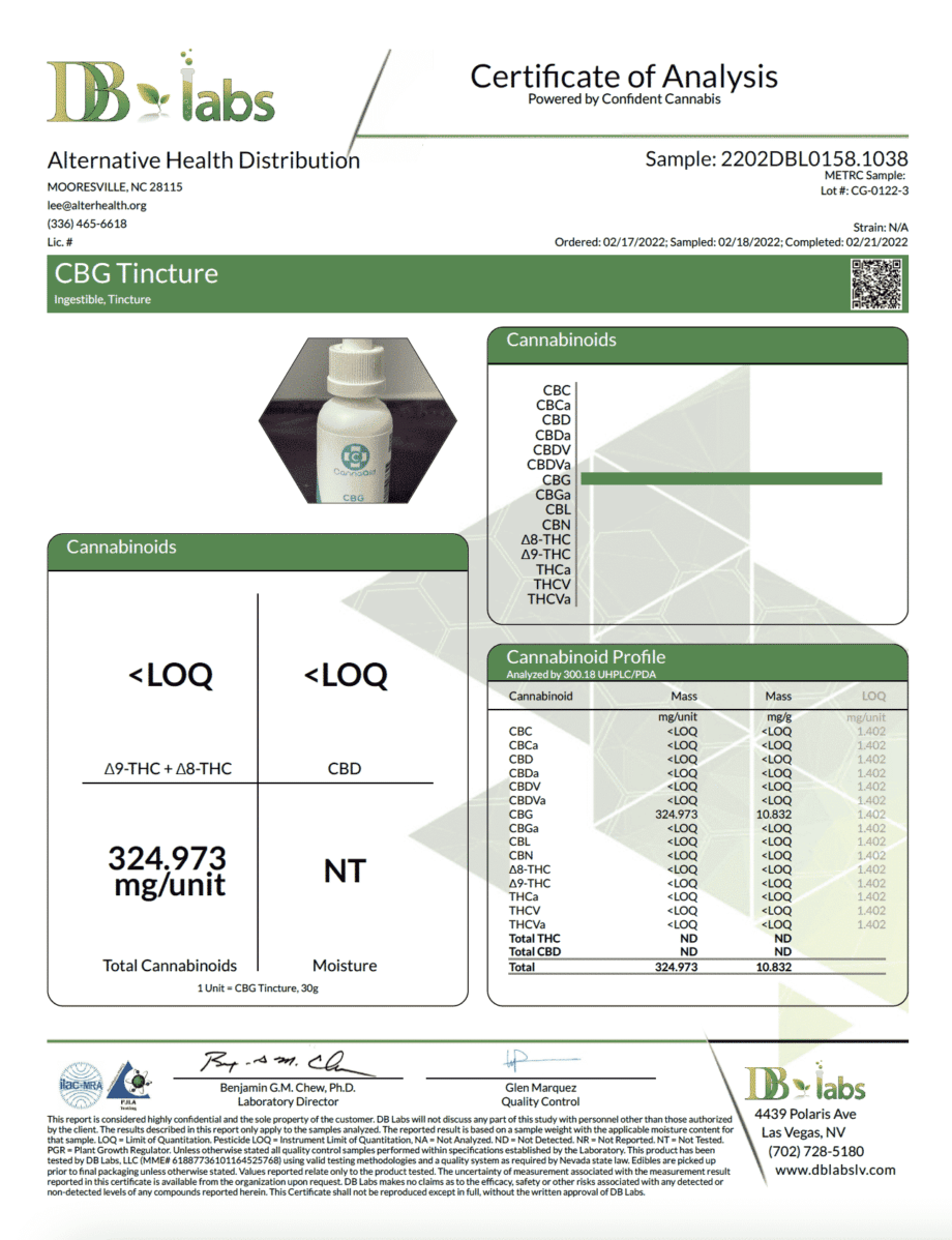 Cannaaid CBG Tincture Certificate of Analysis Report from DB Labs