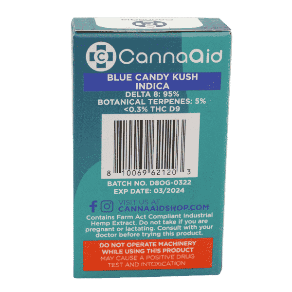 Backside View of CannaAid Delta 8 Blue Candy Kush Disposable Vape 1 ml