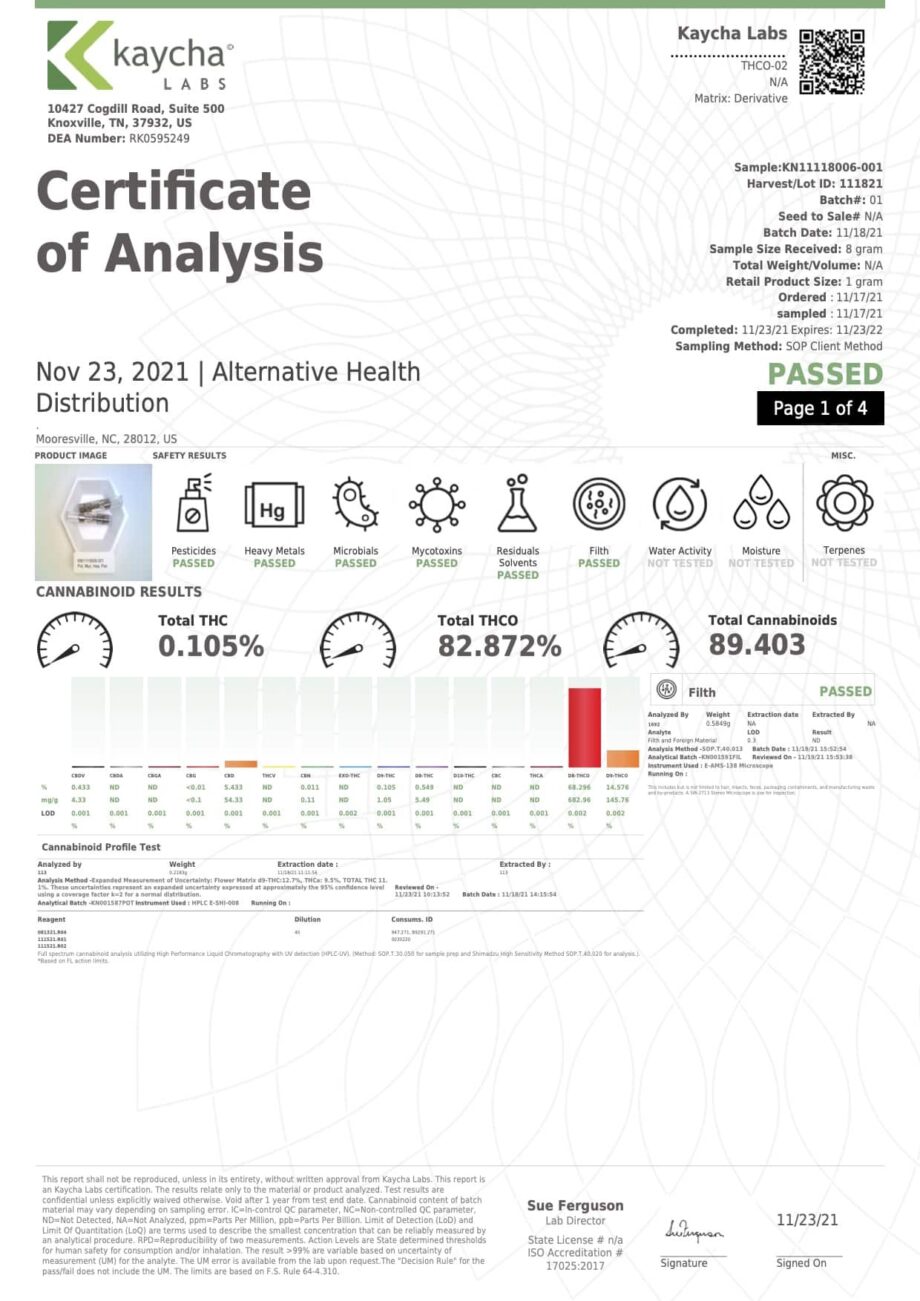 Cannaaid THCO Certificate of Analysis Report from Kaycha Labs