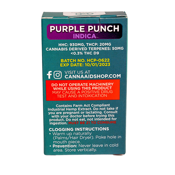 CannaaidShop THCP,HHC,CDT Catridge Purple Punch 1000 mg view 2