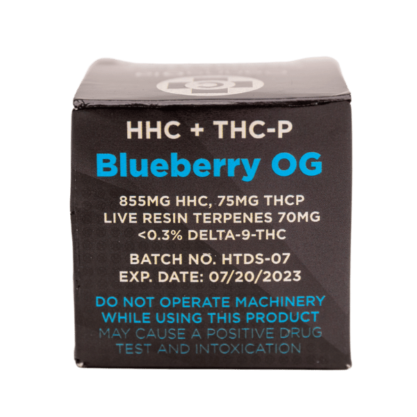 Backside view of D8 + THC-P Diamond Sauce Blueberry OG